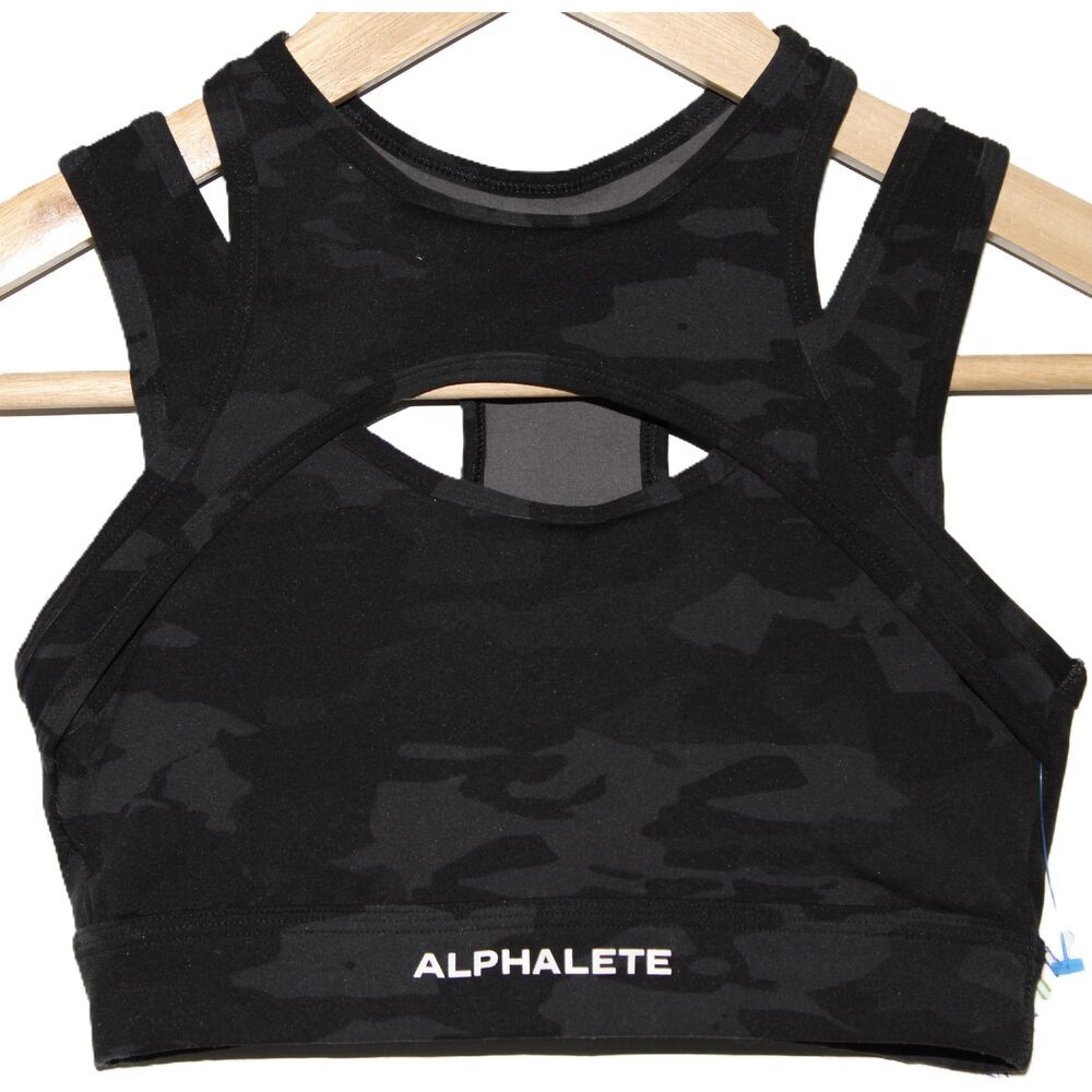 Womens Alphalete Surface Keyhole Sports Bra Black Camo Gray Cutout Back Bra XXS